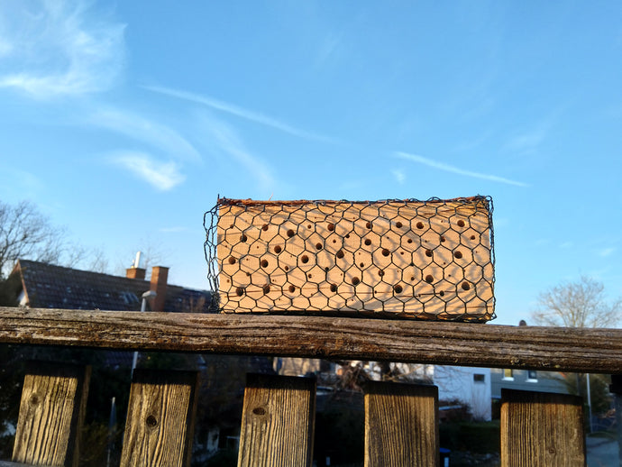 Insektenhotel Bienenhotel Nisthilfe Wildbienen handgemachte Holzfiguren Insektensterben Vogelfrass Vogelfraß Schutz Kunst Holzblock Gitter